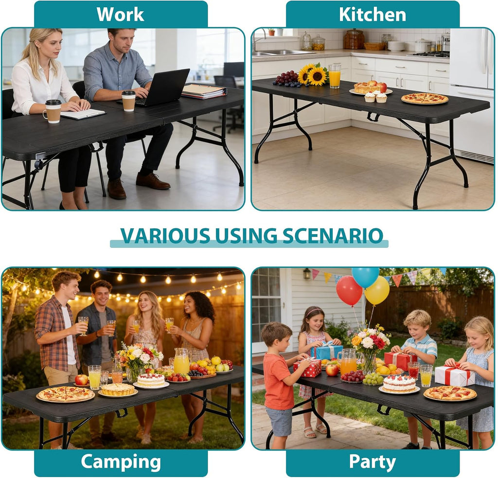 Folding Event Table, Heavy Duty Picnic Table Indoor Outdoor Camping, 8FT Portable w Handle Lock for Banquet, Black