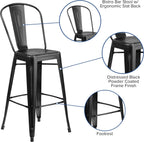 EMMA + OLIVER Commercial Grade 30" H Distressed Black Metal Indoor-Outdoor Barstool w/Back