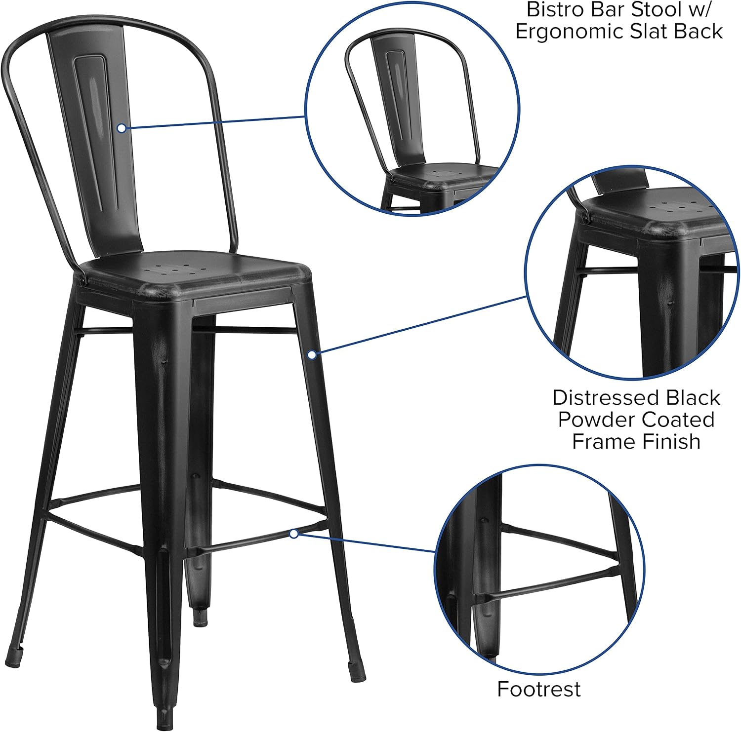 EMMA + OLIVER Commercial Grade 30" H Distressed Black Metal Indoor-Outdoor Barstool w/Back