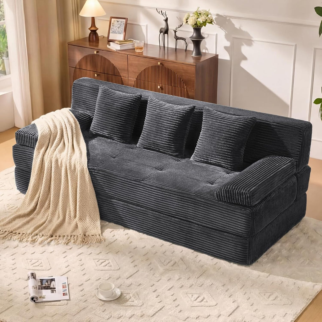 78.7IN Folding Sofa Bed - Convertible Sleeper Sofa Couch with Zippered Pillows, 3 Seater Couches Bed for Living Room, Bedroom, Apartment, No Assembly Required, Freestanding, Corduroy, Gray