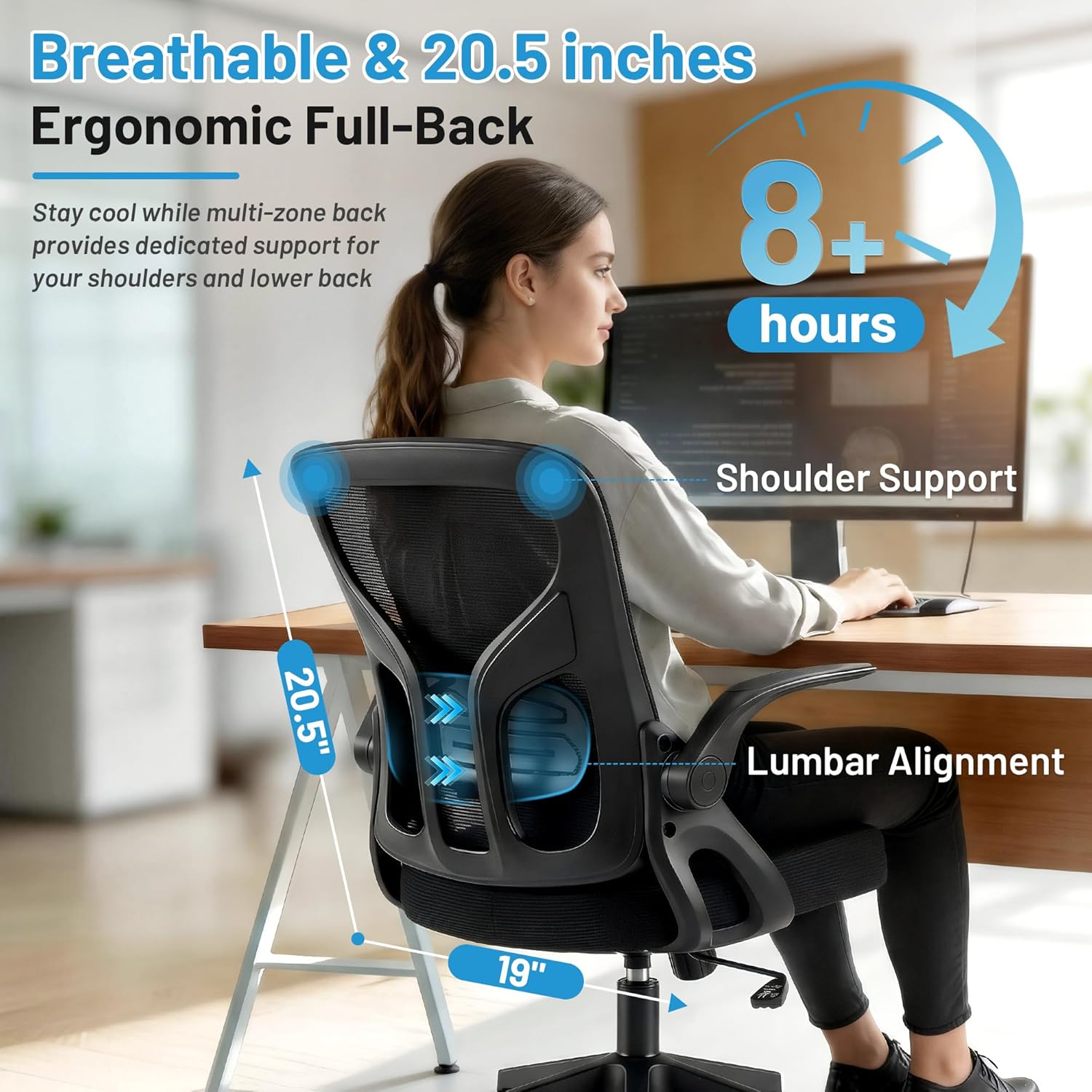 Office Chair Ergonomic Desk Chair with Adjustable Lumbar Support, High Back Breathable Mesh Chair with 120° Tilt Function & Flip-Up Armrests, Swivel Comfy Task Computer Chair for Work, Study