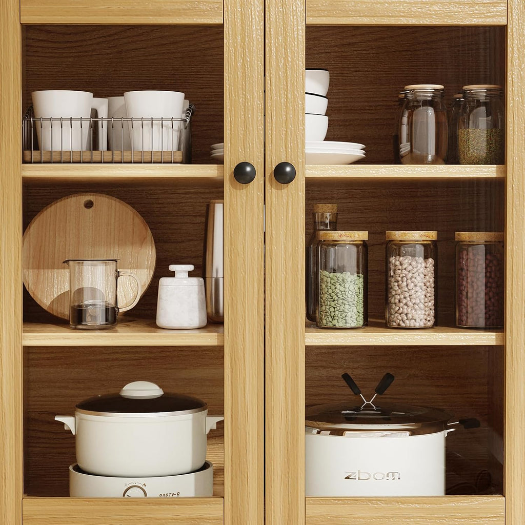 VOWNER Kitchen Hutch Storage Cabinet Microwave Shelf, Freestanding Pantry with 4 Glass Doors and 2 Drawers, Modern Sideboard Buffet Cabinet for Kitchen, Dining Room, Living Room, Wood