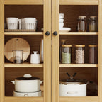 VOWNER Kitchen Hutch Storage Cabinet Microwave Shelf, Freestanding Pantry with 4 Glass Doors and 2 Drawers, Modern Sideboard Buffet Cabinet for Kitchen, Dining Room, Living Room, Wood