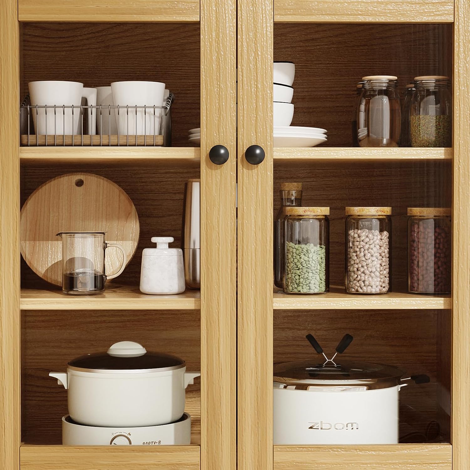 VOWNER Kitchen Hutch Storage Cabinet Microwave Shelf, Freestanding Pantry with 4 Glass Doors and 2 Drawers, Modern Sideboard Buffet Cabinet for Kitchen, Dining Room, Living Room, Wood