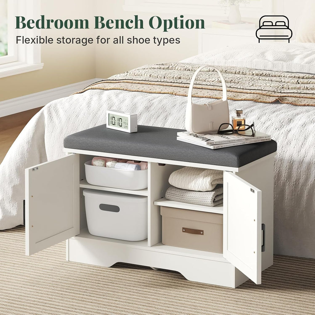 Sweetcrispy 28 Inch Storage Bench with Padded Cushion, Entryway Shoe Organizer Cabinet with 2 Doors and Adjustable Shelves for Hallway, Bedroom, Living Room, and Mudroom, White