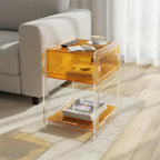Acrylic Side Table with Open Storage Shelf, Clear Nightstand for Bedroom Living Room, Modern Small End Table for Record Player, Acrylic Bedside Organizer (Orange)