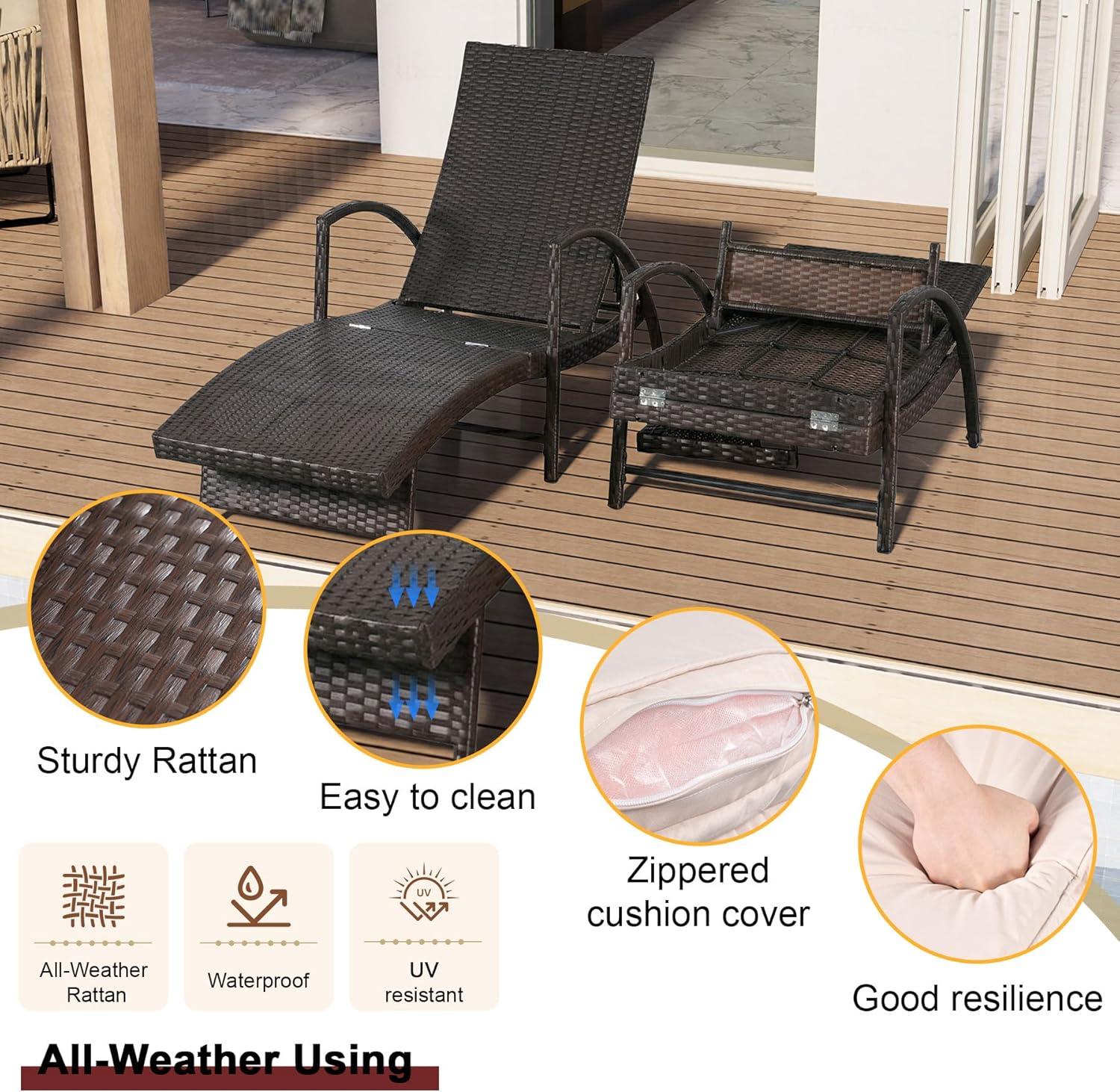 Outdoor Patio Chaise Chair Wicker Lounge Chairs for Outside Pool Chaise Lounge Set of 2 PE Rattan Recliners with Side Shelf & 6-Position Adjustable for Deck Yard Beach Poolside, Red