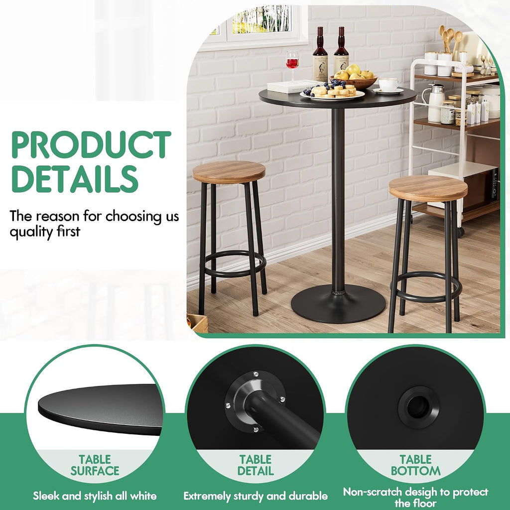 Shahoo Round Bar Table, Cocktail Tables with Metal Base & MDF Top, for Bistro Pub, Cafe, Dark Black
