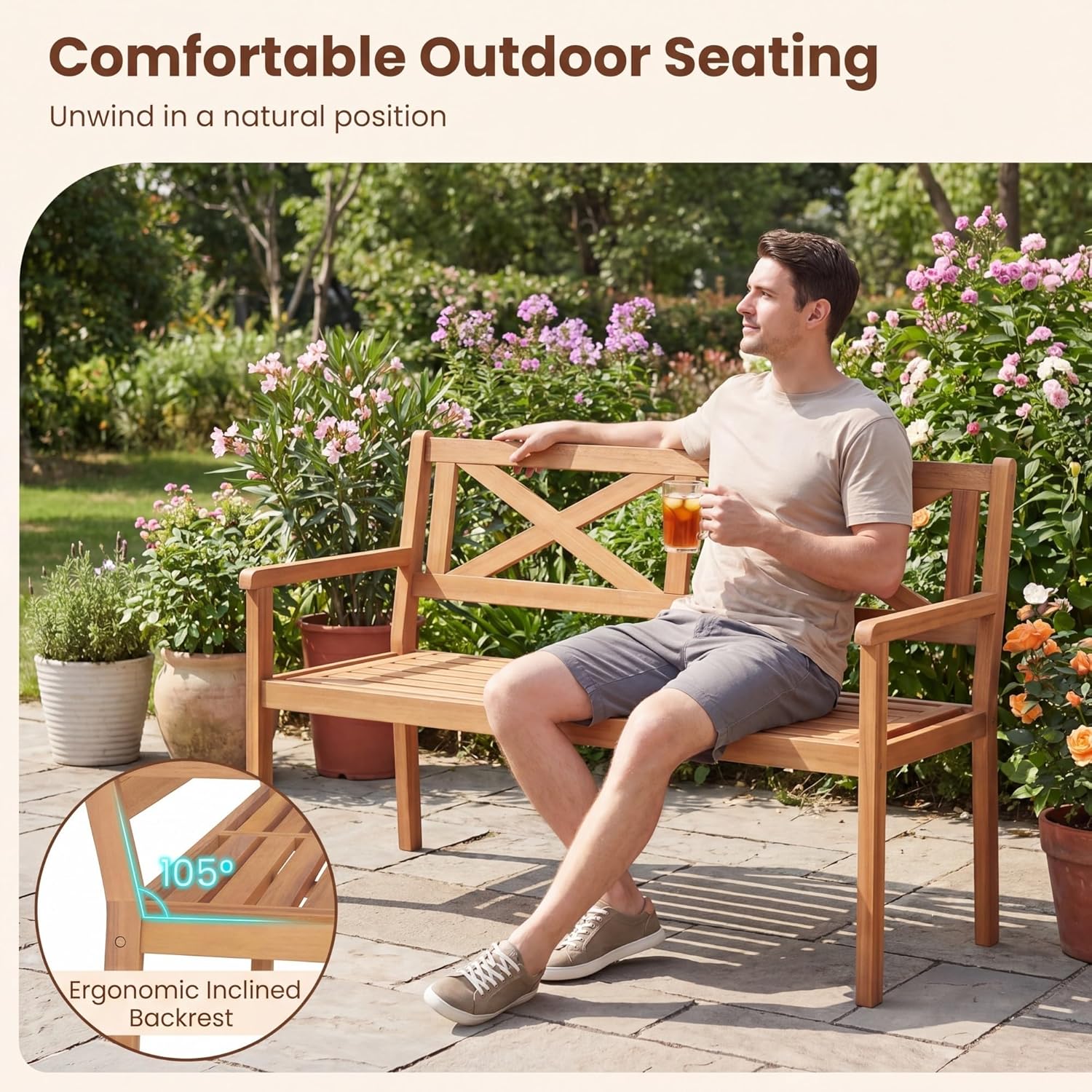 Giantex 2-Person Outdoor Bench, 47" Patio Acacia Wood Loveseat with Slatted Seat, Armrests & X-Shaped Backrest, Wooden Garden Seating for Backyard, Porch, Deck, Poolside