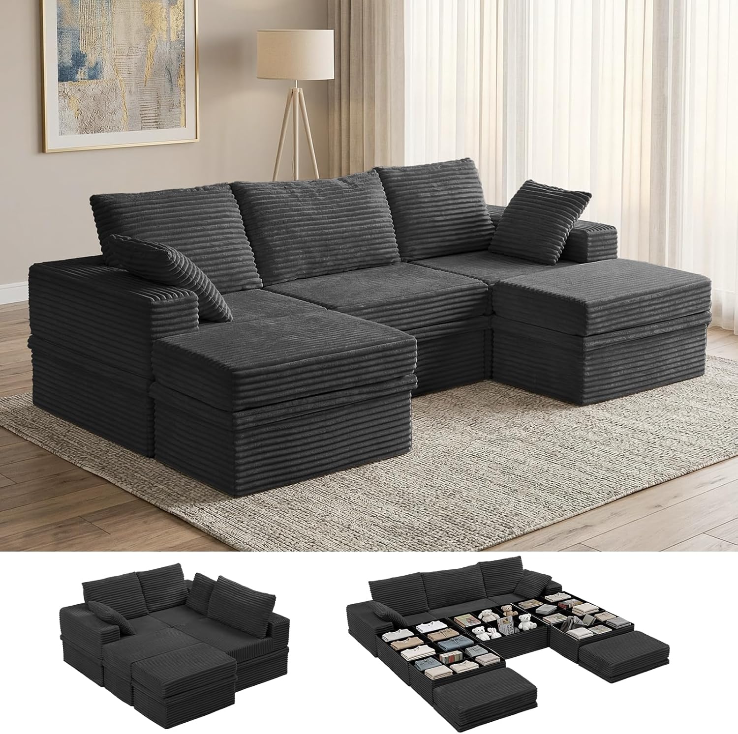 107'' Modular Sectional Sofa, Deep Seat Boneless Couch with Storage | Oversized High-Back for Living Room & RV | With Ottoman | High Density Foam & Corduroy | Tool-Free Assembly | Cozy Dark Gray