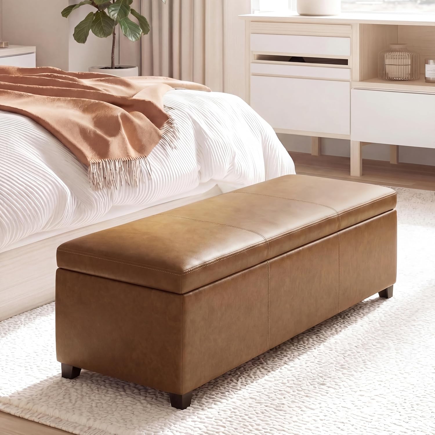Joveco 47 Inch Storage Ottoman Bench,Tufted Leather Storage Bench with Nailhead Trim for Bedroom (47”,Ochre Yellow)