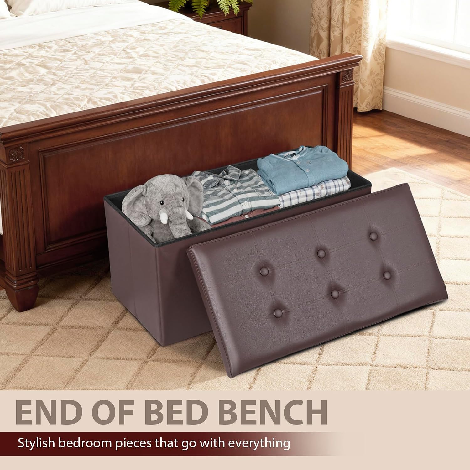 ZenStyle 30Inches Storage Ottoman Bench, Folding Footrest Stool, Storage Chest Long Shoes Bench with Foam Padded Seat, Holds up to 350 lbs, for Living Room, Entryway, Bedroom (Brown, 30 inches)