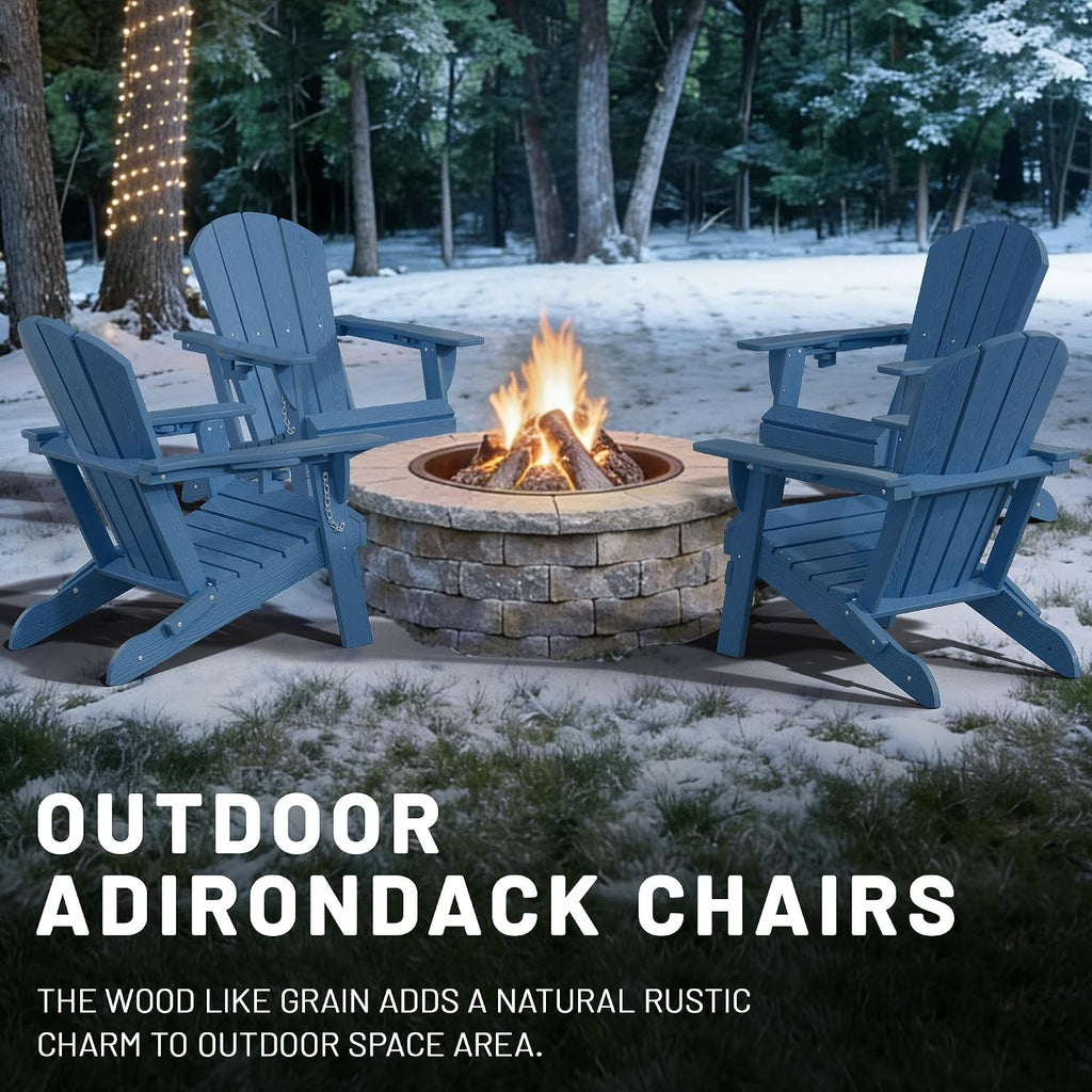 PLUUV Folding Adirondack Chair Set of 4, Easy Storage Space Saving, 380 LBS Capacity Weather Resistant HDPE with Two-Cup Holder for Outdoor Patio Fire Pit Gathering, Navy
