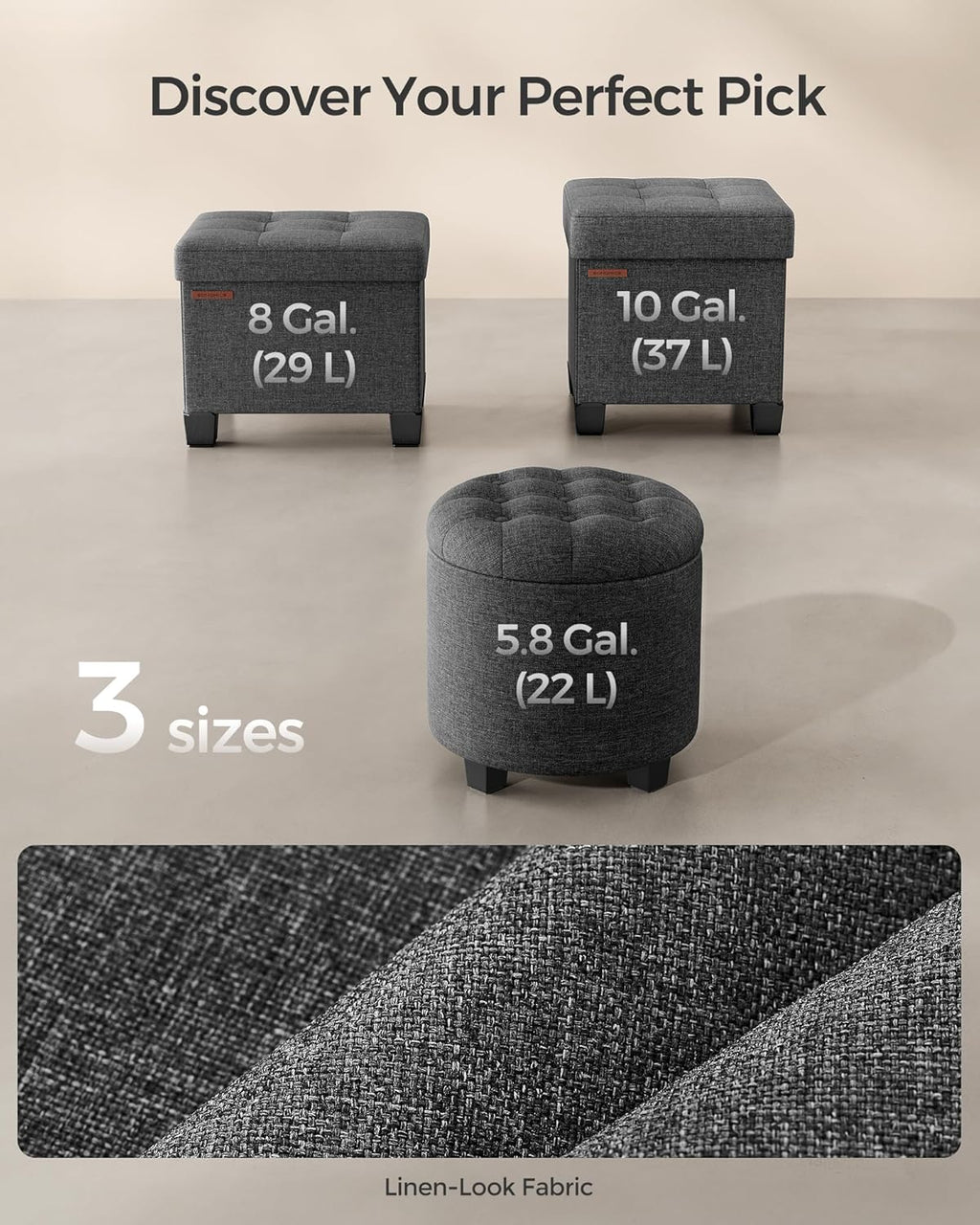 SONGMICS Round Ottoman, Ottoman with Storage, 17.7 Dia. x 17.5 H Inches Foot Rest with Legs, Load up to 330 lb, for Living Room, Bedroom, Dark Gray ULOM011G01