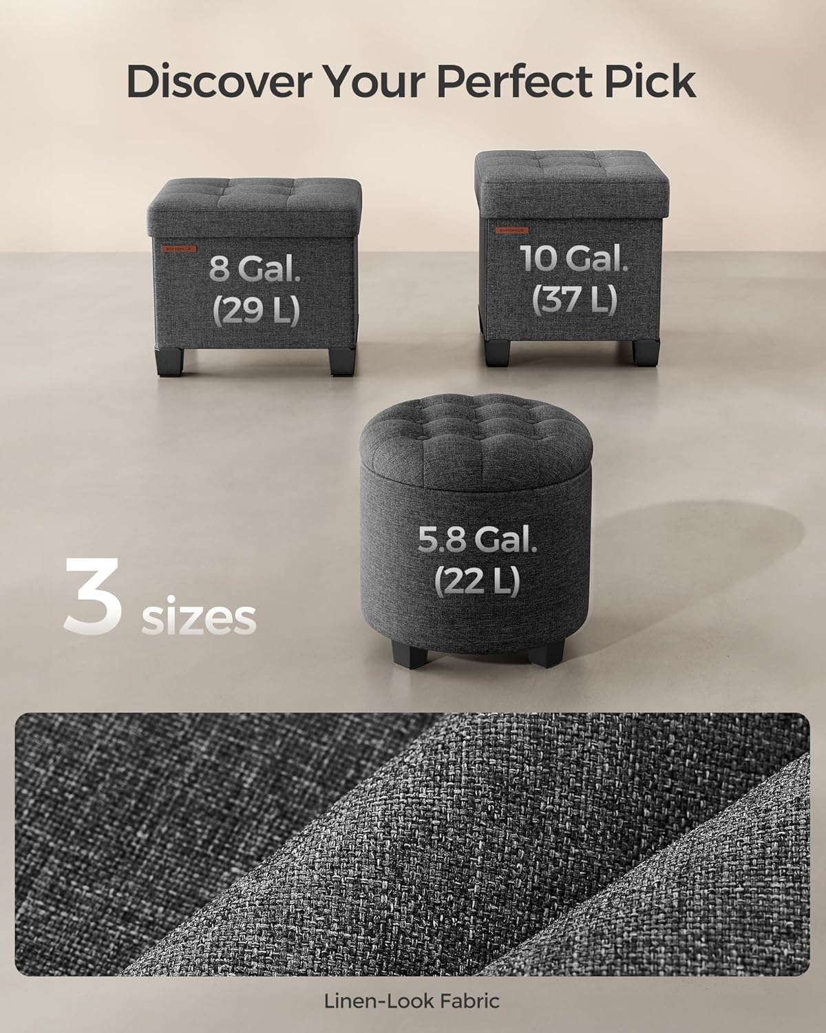SONGMICS Round Ottoman, Ottoman with Storage, 17.7 Dia. x 17.5 H Inches Foot Rest with Legs, Load up to 330 lb, for Living Room, Bedroom, Dark Gray ULOM011G01
