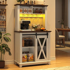 31.5"Wide Farmhouse Coffee Bar Cabinet with LED Light,Wine Bar Cabinet w/2 Storage Hutch,Kitchen Buffet Cabinet w/Sliding Barn Door & Wine and Glass Racks for Kitchen Dining Room(Antique White)