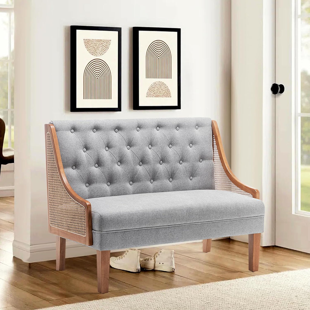 Upholstered Settee Bench Small Loveseat Sofa Rattan Dining Bench with Back Banquette Seating for Kitchen Dining Room Living Room Button Tufted Mini Couch Grey