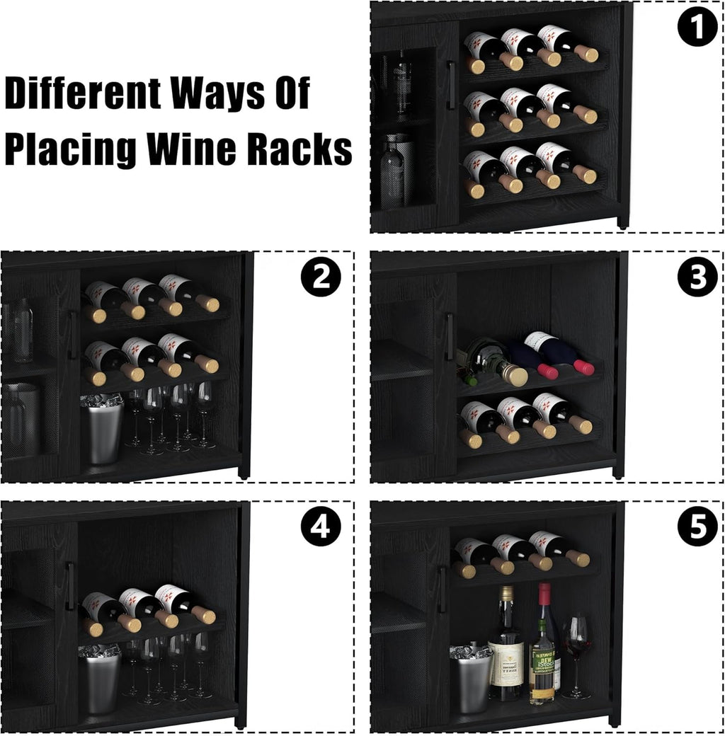 IDEALHOUSE Wine Bar Rack Cabinet with LED Light, Adjustable Shelves Coffee Bar Cabinet with Mesh Door and Baffle Design, 36 in Tall Small Liquor Bar Cabinet for Home, Kitchen, Dinning Room, Black