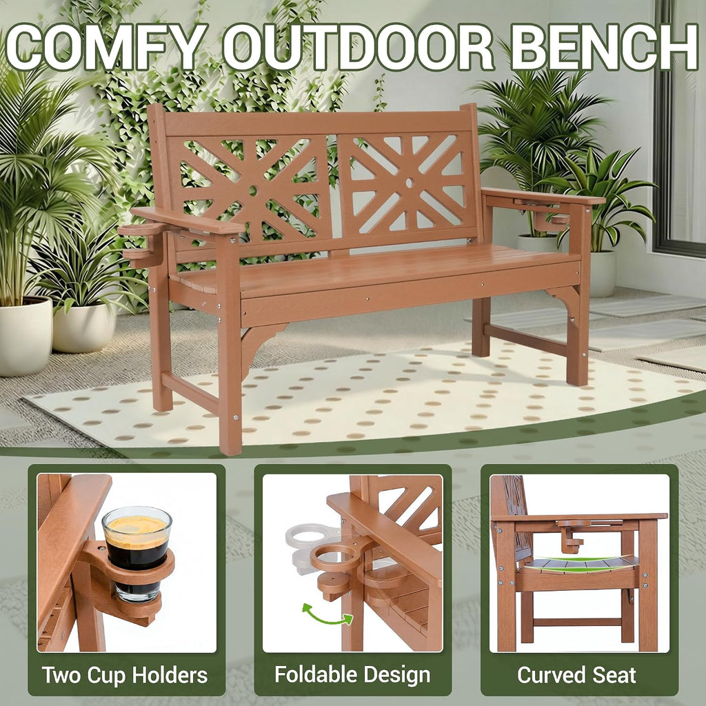 Outdoor Bench with Cup Holders, HDPE 2-Person All-Weather Patio Bench, 660 lbs Capacity, Fade & Rot Resistant for Porch Backyard Park, Brown