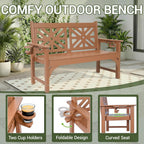 Outdoor Bench with Cup Holders, HDPE 2-Person All-Weather Patio Bench, 660 lbs Capacity, Fade & Rot Resistant for Porch Backyard Park, Brown