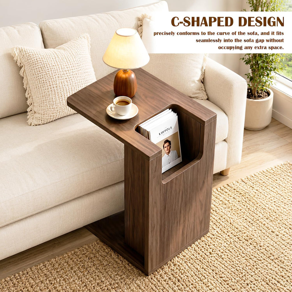 Modern C Shaped End Table for Couch,Walnut Solid Wood Nightstand,Slide Under Couch Tables,23.62 Inches Tall Sofa Table with Storage for Living Room,Bedroom,and Office.