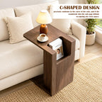 Modern C Shaped End Table for Couch,Walnut Solid Wood Nightstand,Slide Under Couch Tables,23.62 Inches Tall Sofa Table with Storage for Living Room,Bedroom,and Office.