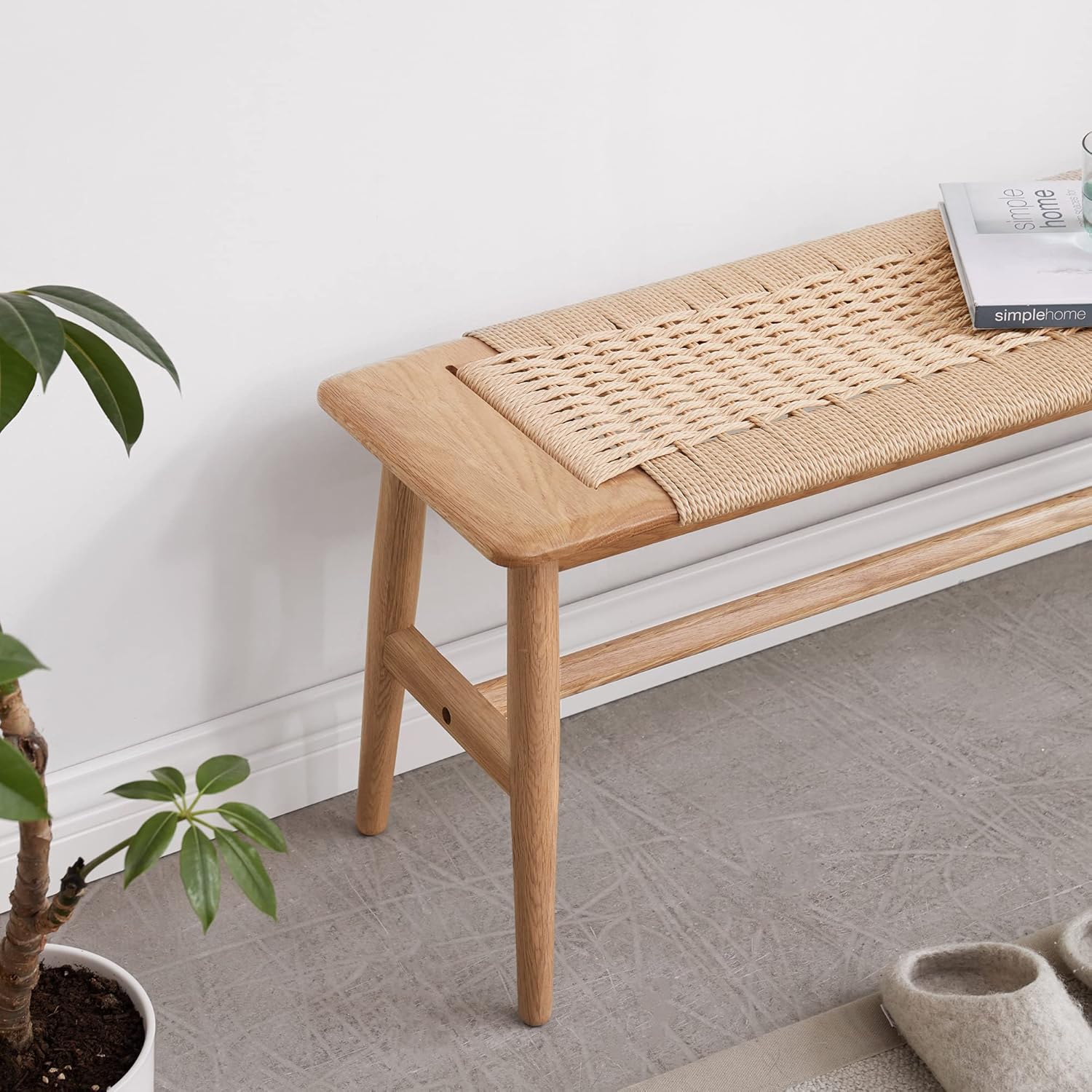 100% Solid Oak Wood Bench,Hand Woven Design,Solid Mortise and Tenon Construction-Solid Structure of Chair Legs,Woven Rattan Entryway Benchs/Dining Bench (Natural Oak,31.49”*11.81”*15.98”)