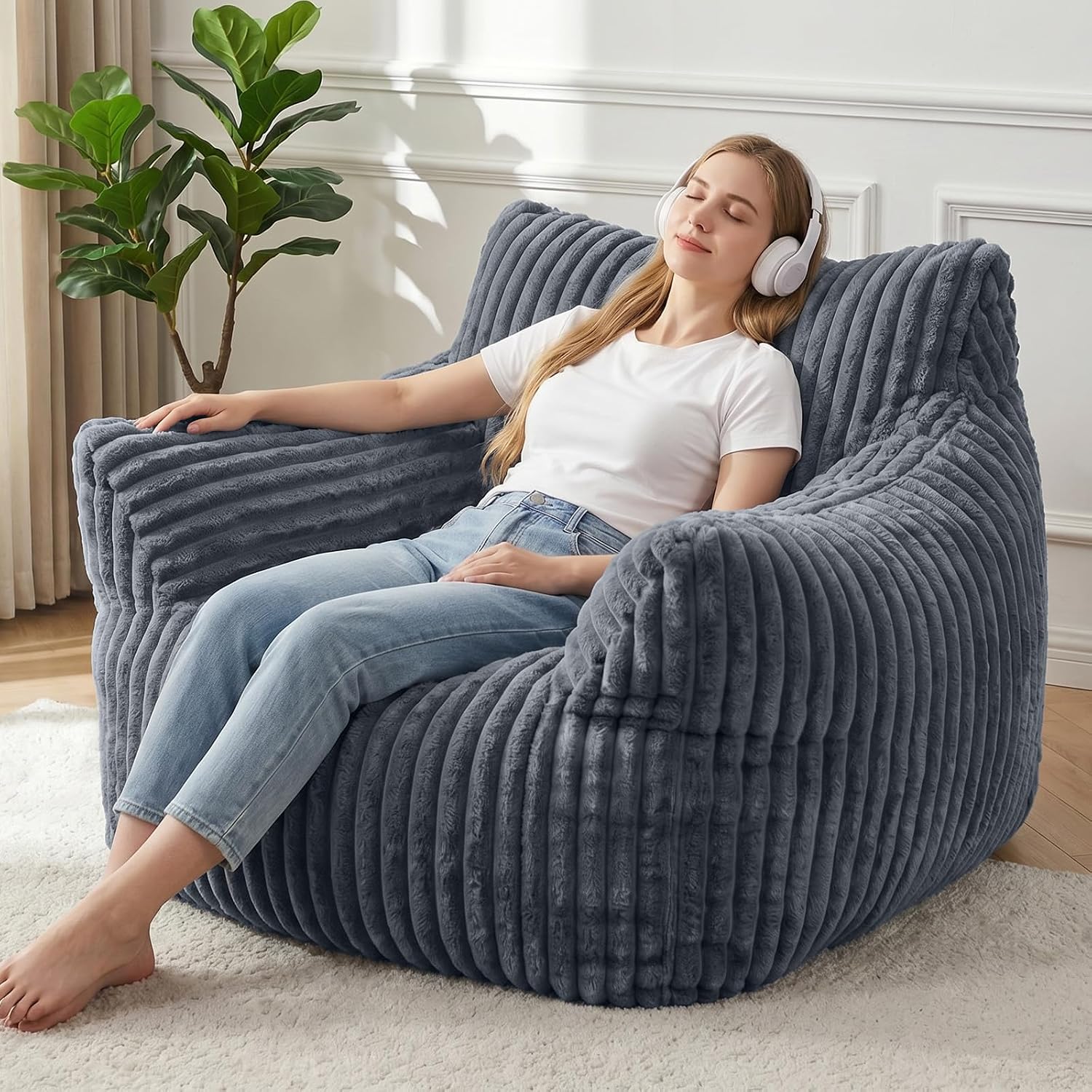 Giant Bean Bag Chair for Adults, Fluffy Supportive Boneless Lounge Sofa Chair, Superior Large Reading Floor Stuffed Sofa Bed, Oversized Accent Comfy Couch for Living Room, Bedroom, Study, Dorm (Grey)