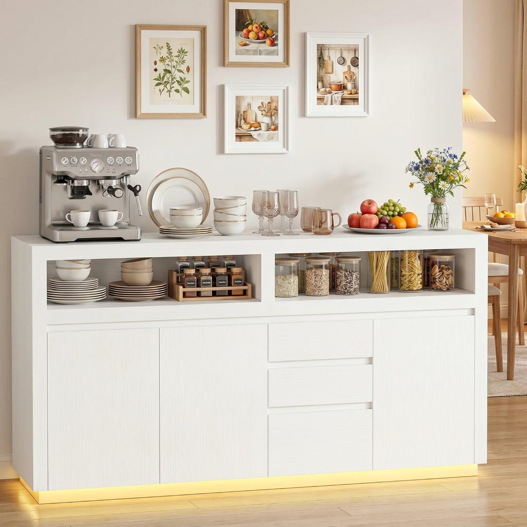 FOTOSOK 63" Sideboard Buffet Cabinet with Storage, Modern Kitchen Buffet Cabinet with Drawer, Kitchen Storage Cabinet with Power Outlet & LED Light, Coffee Bar Cabinet for Kitchen, Living Room, White