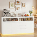 FOTOSOK 63" Sideboard Buffet Cabinet with Storage, Modern Kitchen Buffet Cabinet with Drawer, Kitchen Storage Cabinet with Power Outlet & LED Light, Coffee Bar Cabinet for Kitchen, Living Room, White