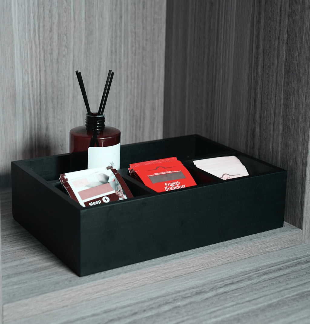 Tea Bag Organizer Wood Black, 4 Compartments Tea Bag Holder, Large Capacity Sugar Packet and Coffee Station Organizer, Tea Bags Caddy Drawer Storage Container for Countertop