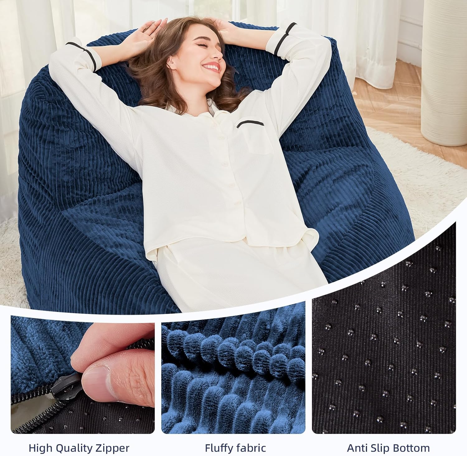 MASVIS Bean Bag Chair,3ft Memory Foam Bean Bag Chair for Adults Kids Teens,Soft Velvet Comfy Floor Chair with Supportive Backrest,Lazy Sofa Lounge Chair for Living Room Bedroom Game Room,Navy
