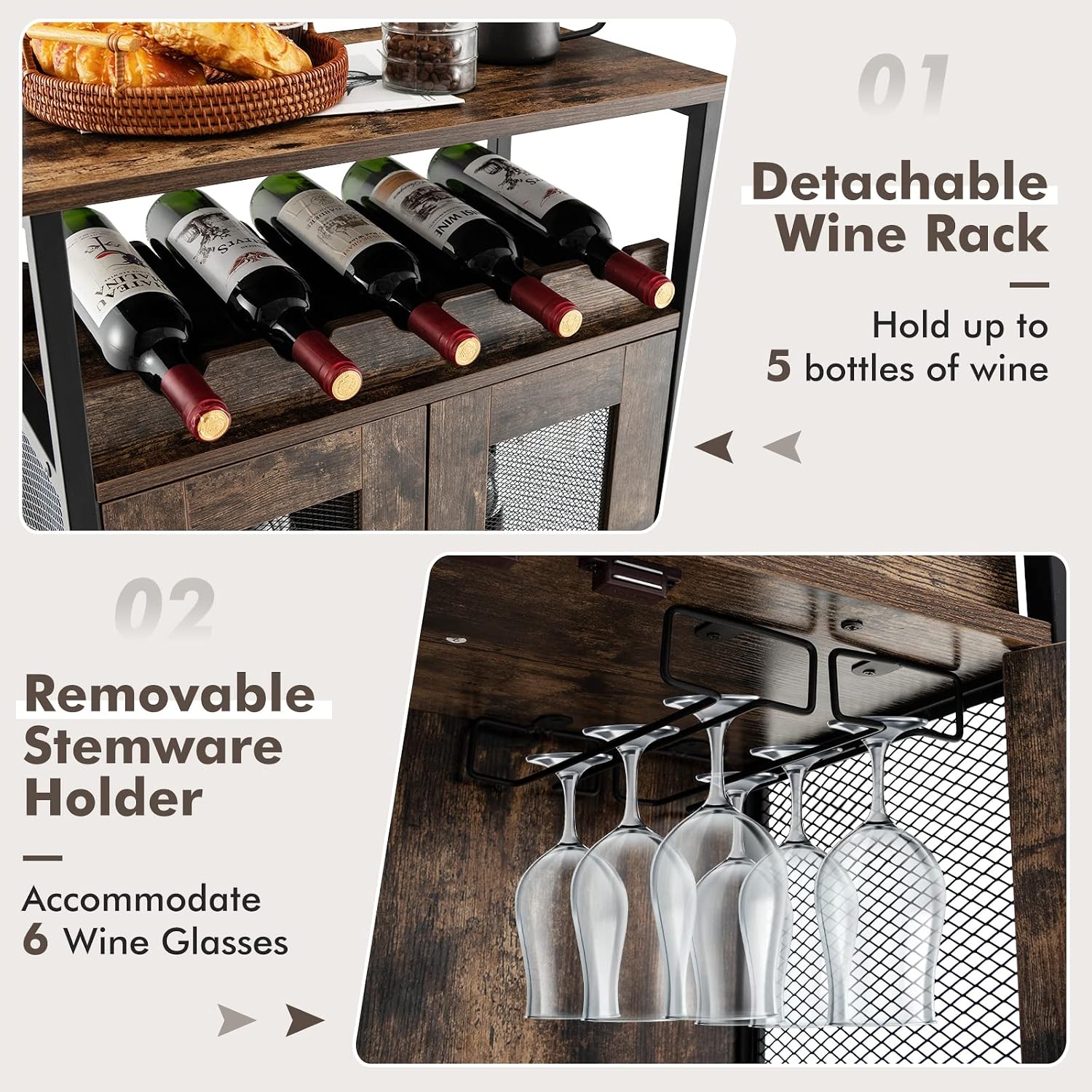 TANGZON Wine Bar Cabinet, Drinks Storage Sideboard with Glass Holder and Removable Bottle Shelf, Freestanding Organizer Cupboard Unit for Home Kitchen