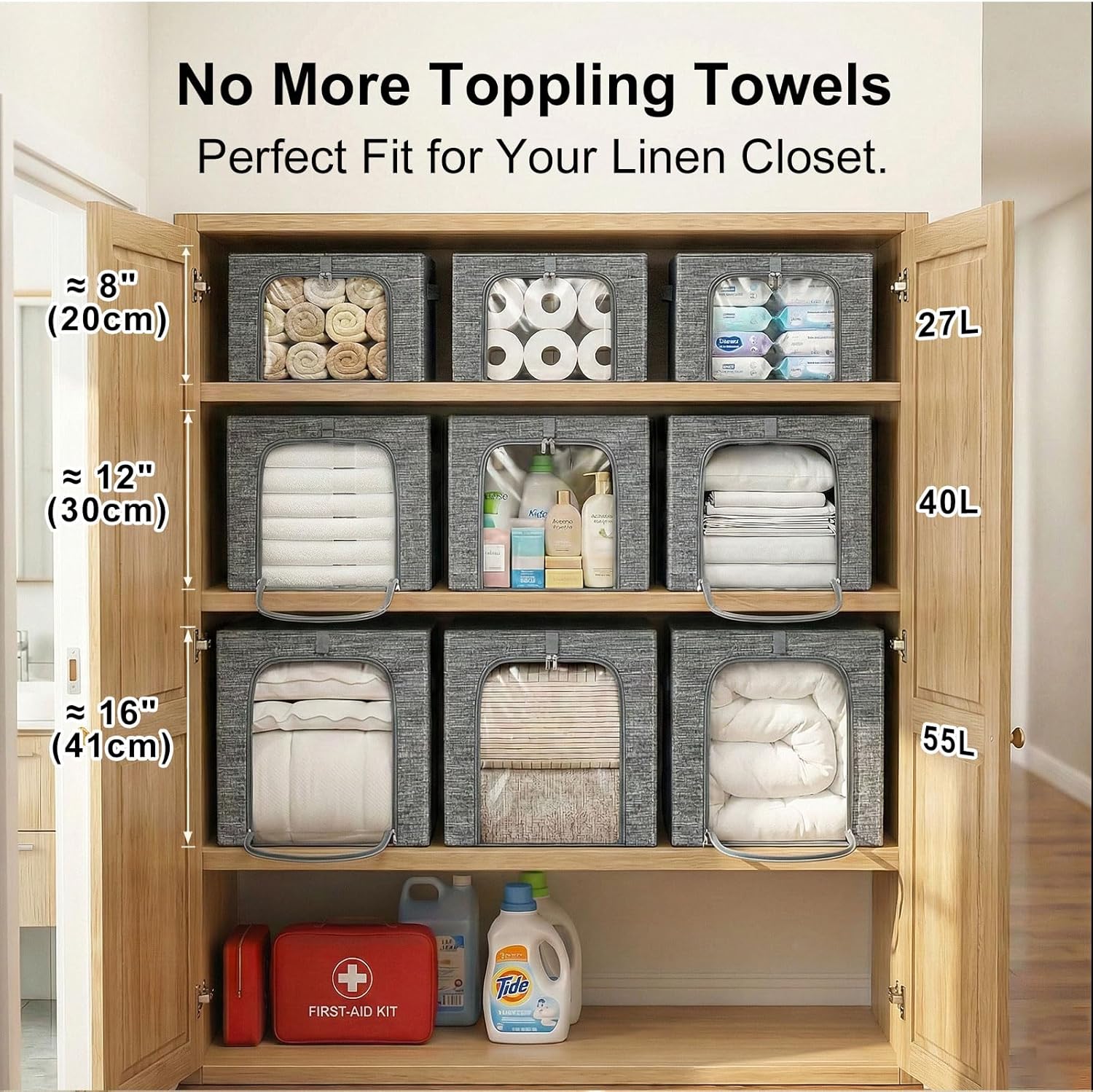 GoMaihe Clothes Storage Bins Metal Frame: 3-Pack Compact Stackable Closet Storage Bin with Lid & Clear Window, Space Saving Organizer for Sweaters Kids Clothes (Dorm/Closet 27L)