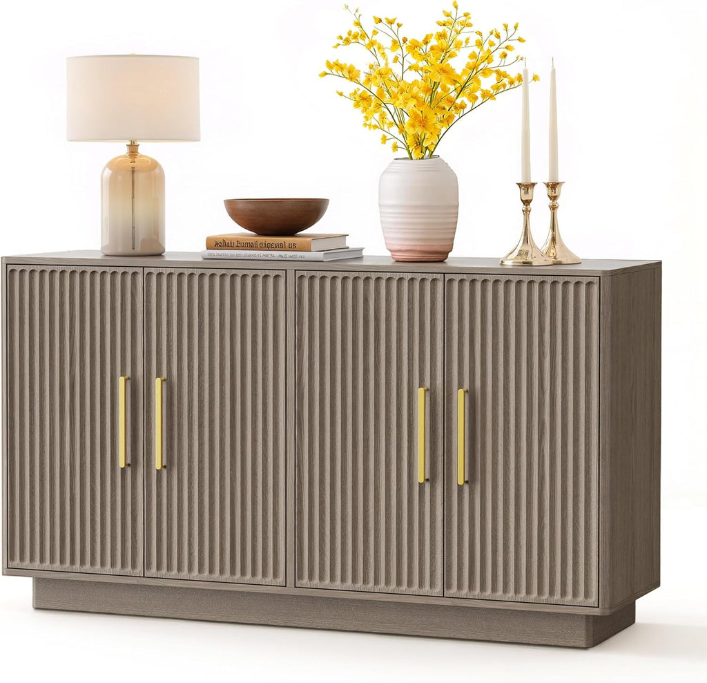 PAPROOS 55" Modern Fluted Sideboard Buffet Cabinet, Space-Saving Storage Credenza for Home Coffee Bar, 4-Door Accent Furniture with Adjustable Shelves for Clutter-Free Living (Brown Gray)