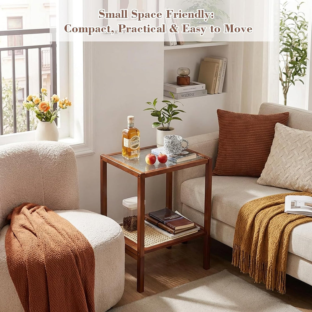Tiita Rattan Side Table, Mid Century Nightstand, 2-Tier Bamboo Accent Bedside Tables, Glass Coffee Tables, Boho Wooden Narrow End Table with Storage for Small Space, Living Room and Bedroom
