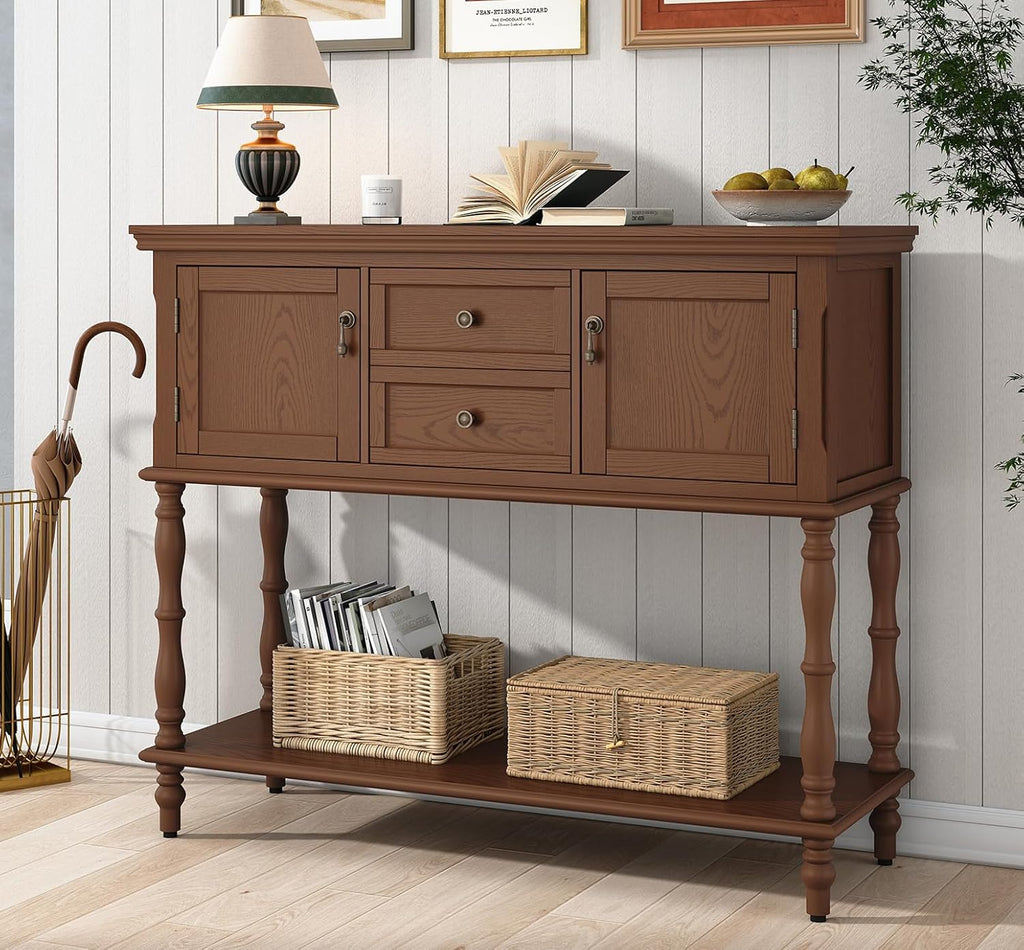 ARTPOWER Console Table for Entryway, Retro Wooden Table with Storage, 2 Doors & Drawers and Open Shelf, Behind Couch Sofa Table for Living Room, Foyer, Hallway, Brown
