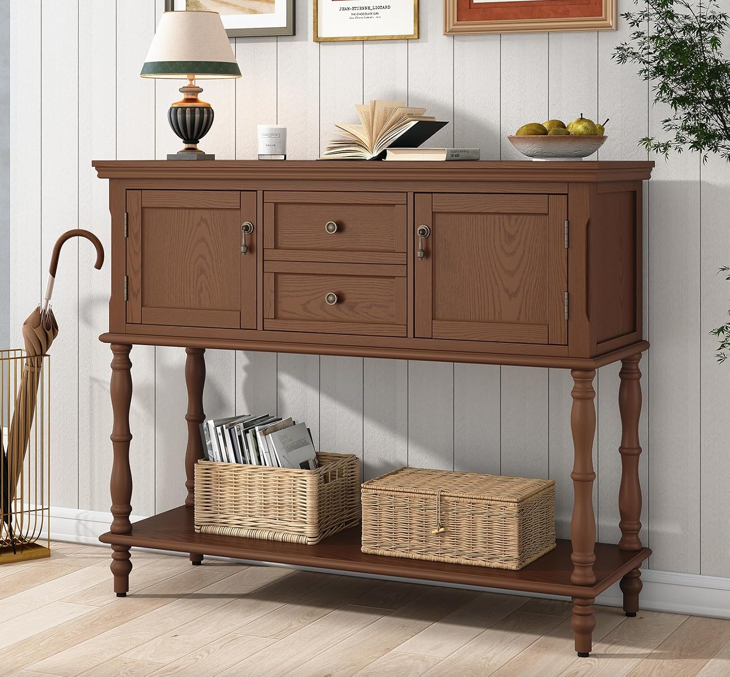 ARTPOWER Console Table for Entryway, Retro Wooden Table with Storage, 2 Doors & Drawers and Open Shelf, Behind Couch Sofa Table for Living Room, Foyer, Hallway, Brown