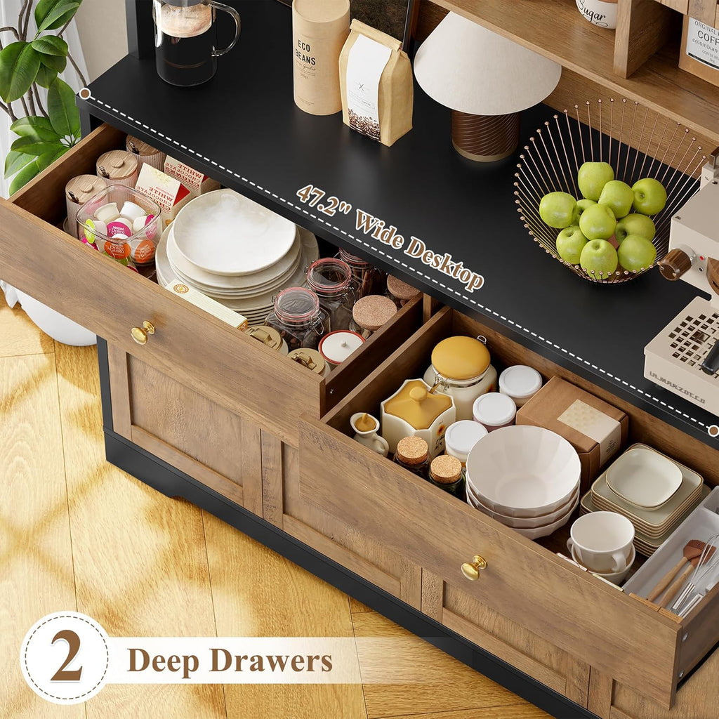FINETONES 71" Pantry Cabinet, Tall Kitchen Pantry Storage Cabinet with Charging Station, 47.2" Wide Kitchen Hutch Food Storage Cabinets with Open Countertop for Dining Room, Black/Brown