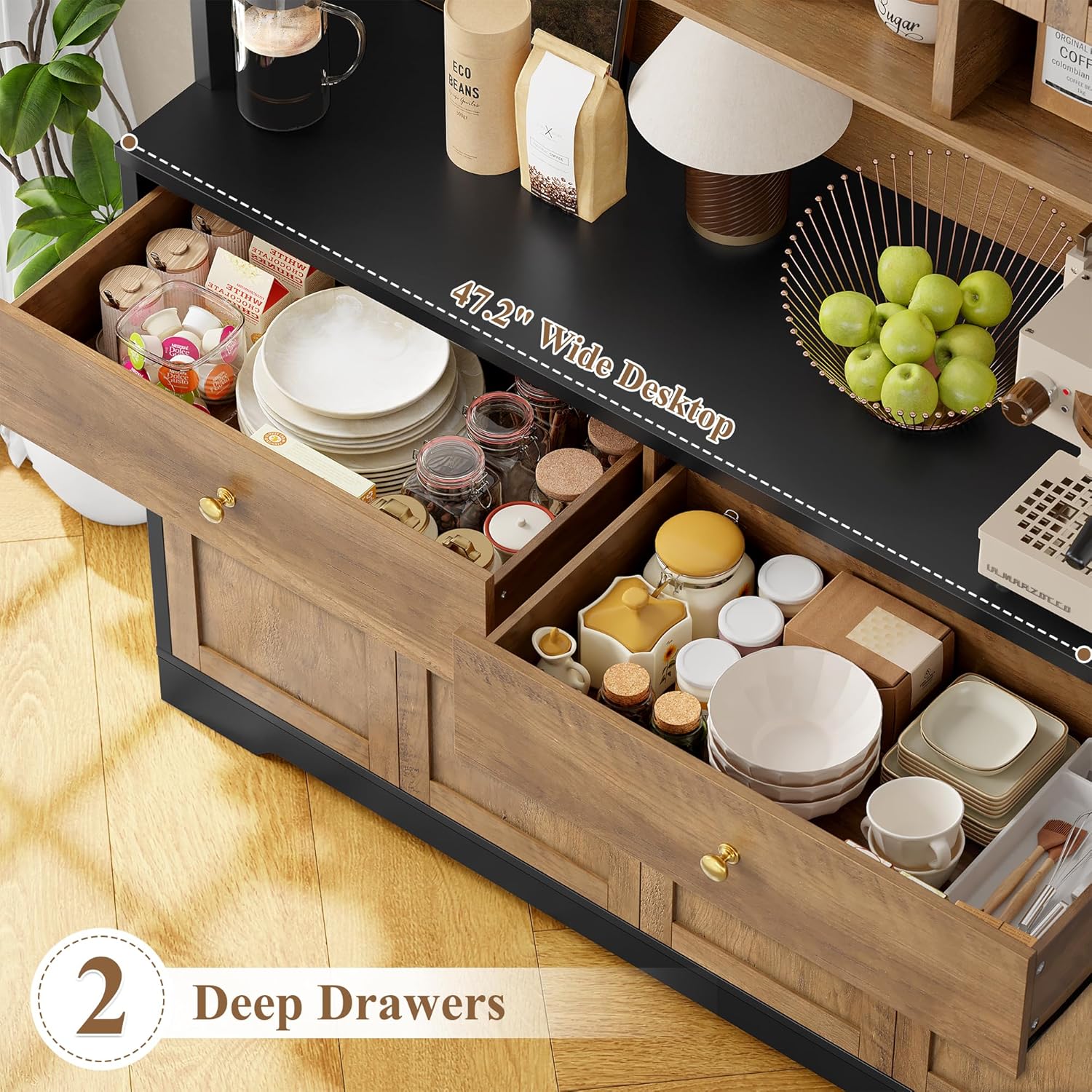 FINETONES 71" Pantry Cabinet, Tall Kitchen Pantry Storage Cabinet with Charging Station, 47.2" Wide Kitchen Hutch Food Storage Cabinets with Open Countertop for Dining Room, Black/Brown