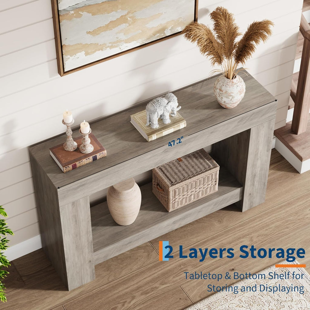 Garvee Farmhouse Console Table for Living Room, Long Console Table for Entryway, 2-Tier Large Sofa Table with Storage, Entryway Entry Table for Entrance, Hallway, Grey, 47"