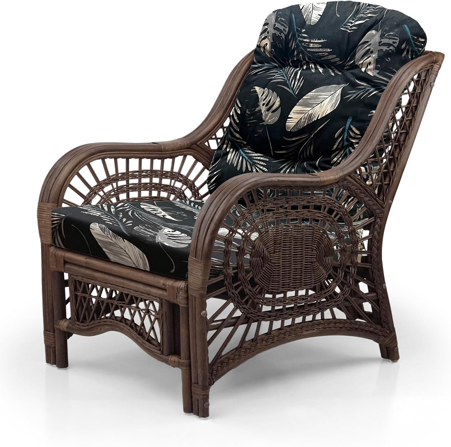 Malibu Lounge Living Accent Armchair Natural Rattan Wicker Handmade Design, Dark Brown with Black Leaf Cushion