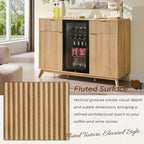 OKD 60" Fluted Coffee Bar Cabinet with Mini Fridge Space, Natural Oak | Mini Fridge Compatible, Built In Charging Station, 3 Stemware Racks, 2 Drawers, 2 Cabinets, Home Bar Cabinet Storage