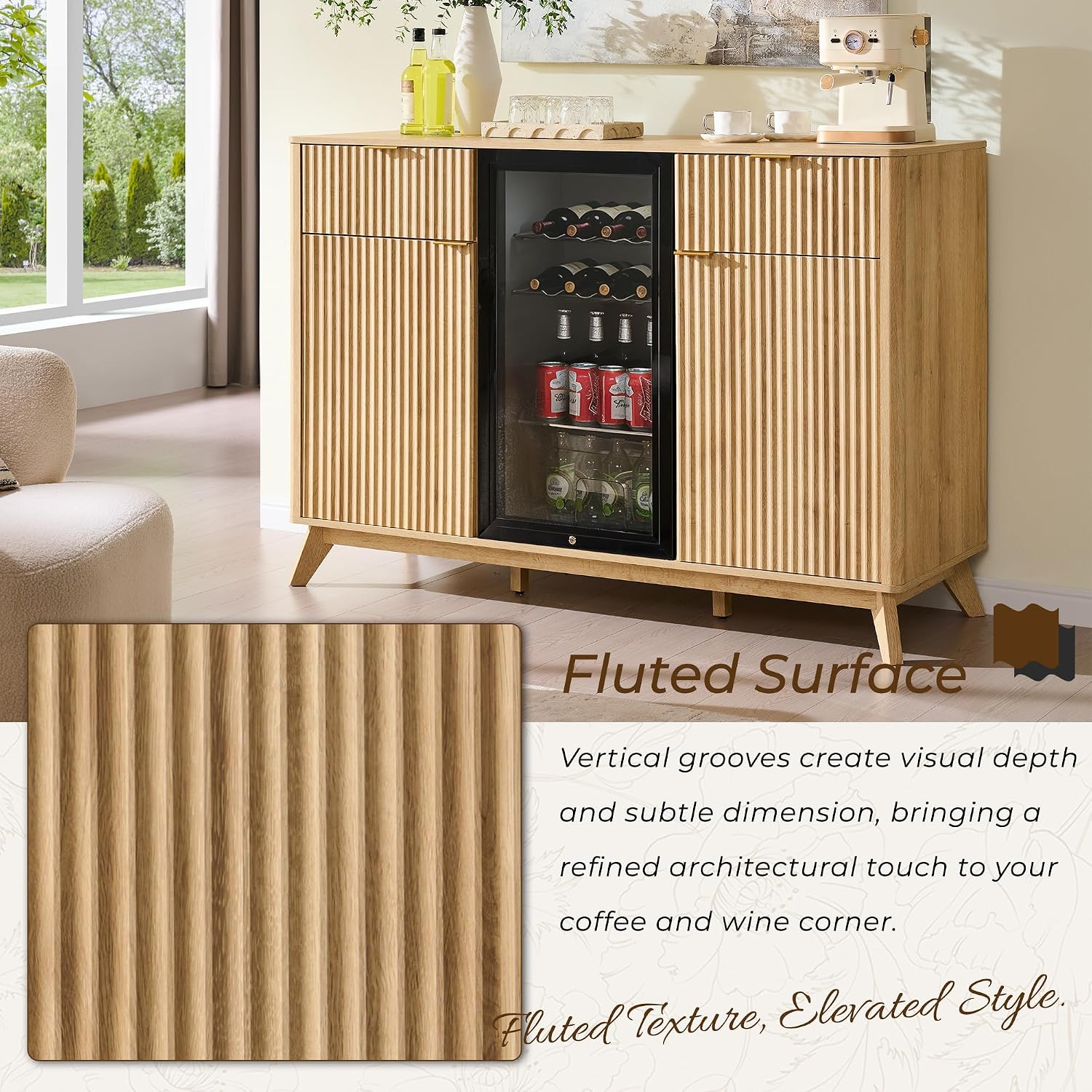 OKD 60" Fluted Coffee Bar Cabinet with Mini Fridge Space, Natural Oak | Mini Fridge Compatible, Built In Charging Station, 3 Stemware Racks, 2 Drawers, 2 Cabinets, Home Bar Cabinet Storage