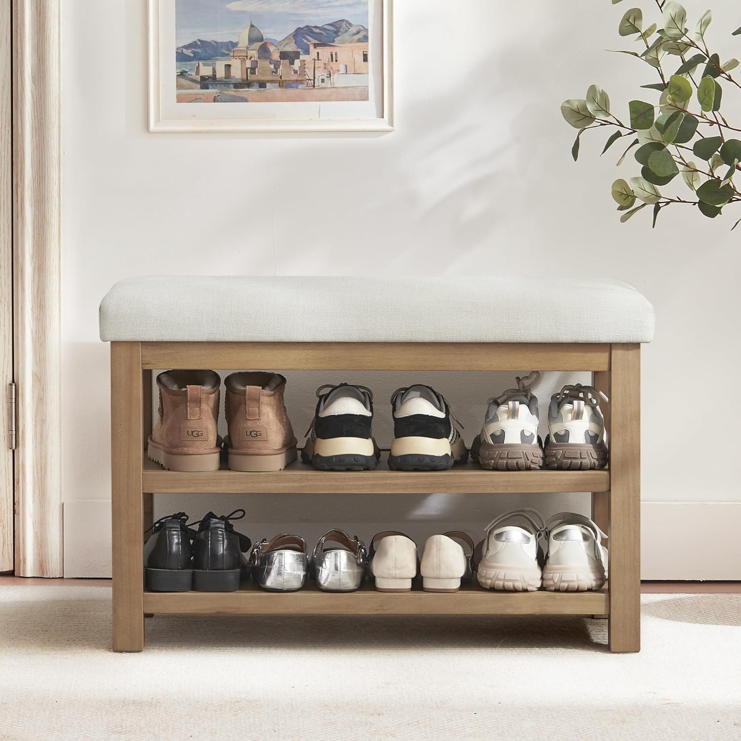 Zihanhome 2 Tier Shoe Rack Bench with Cushion, Solid Wood Shoe Benches, Mid-Century Modern Shoe Storage Bench for Entryway, Hallway, Living Room, Closet, Front Door Entrance, (Beige, 31.5")