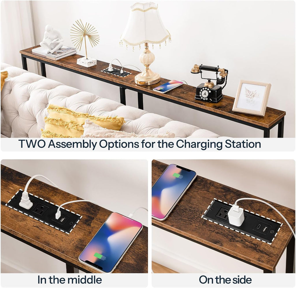 HOOBRO 70.9" Narrow Console Table with Charging Station, 5.9" Slim Sofa Table Behind Couch, 2 AC Outlets & USB-C Ports, Long Entryway Tables, for Hallway, Livingroom, Rustic Brown BF185UXG01G1