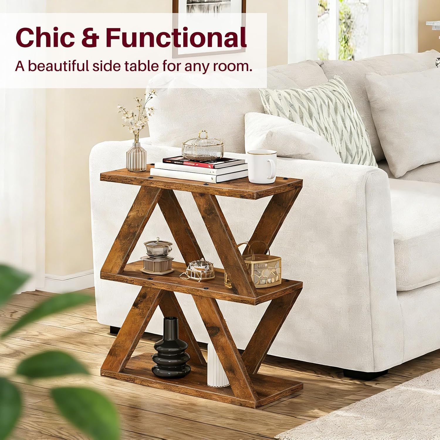 3 Tier Side Table with Side Guard Rails & Anti-Slip Pads, Narrow End Table for Small Spaces, Slim Nightstand with Storage Shelves for Bedroom, Living Room, Rustic Brown