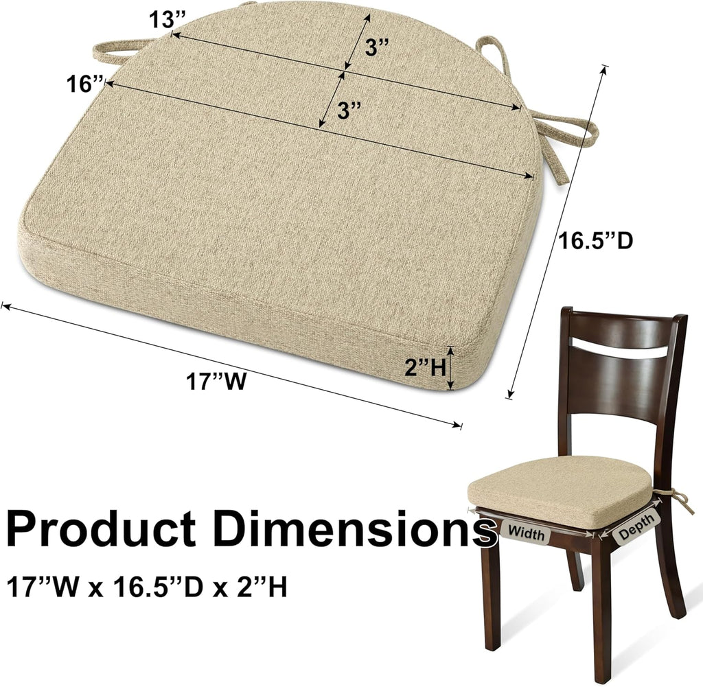 Shinnwa Dining Chair Cushions Set of 4, Non-Slip Kitchen Chair Cushions with Ties and Machine Washable Cover, Sef of 4, 17 x 16.5 x 2in, Natural Linen
