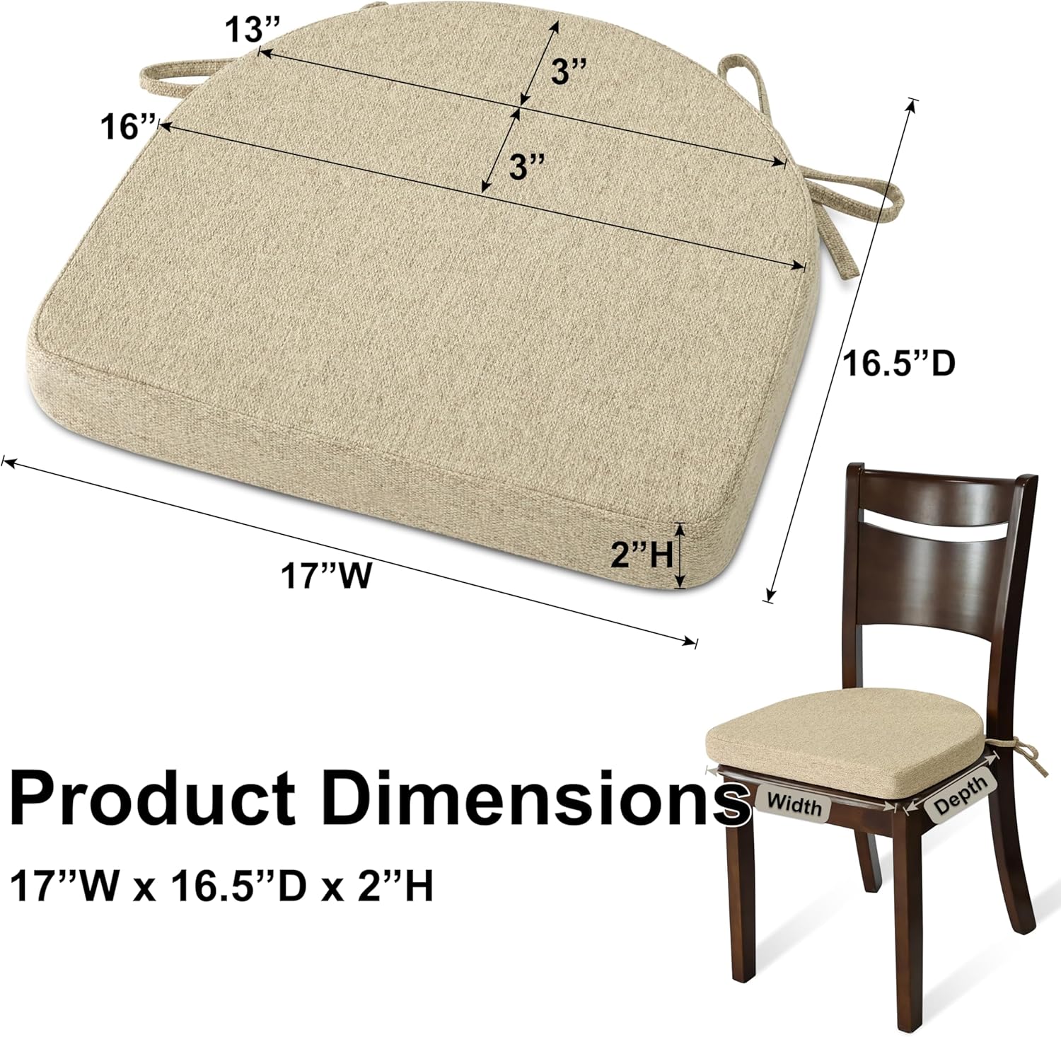 Shinnwa Dining Chair Cushions Set of 4, Non-Slip Kitchen Chair Cushions with Ties and Machine Washable Cover, Sef of 4, 17 x 16.5 x 2in, Natural Linen