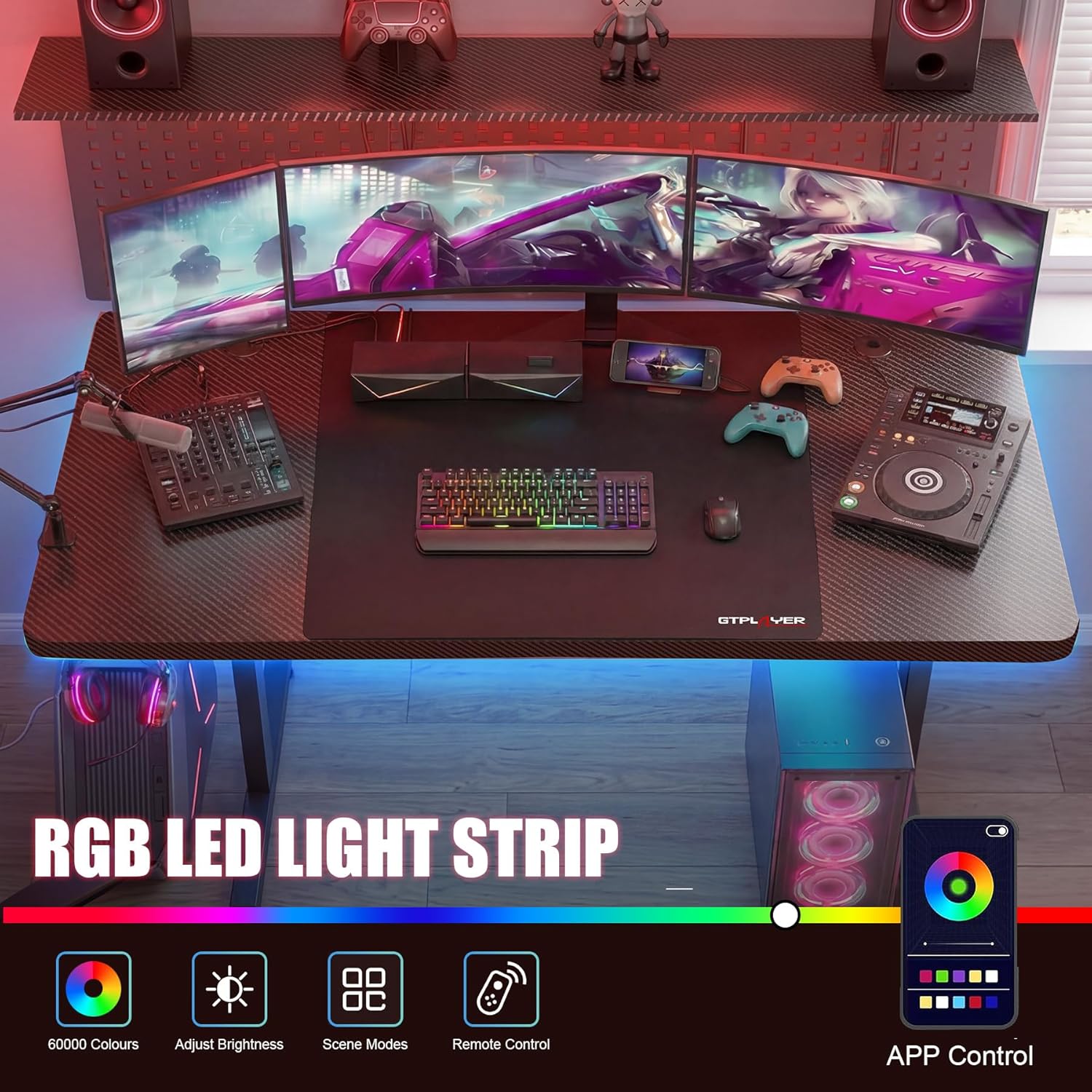 GTPLAYER 55 Inch Gaming Desk with LED Lights, Large Computer Desk with Mouse Pad for Home Office, T-Shaped Carbon Fibre Surface PC Game Workstations with Headphone Hook